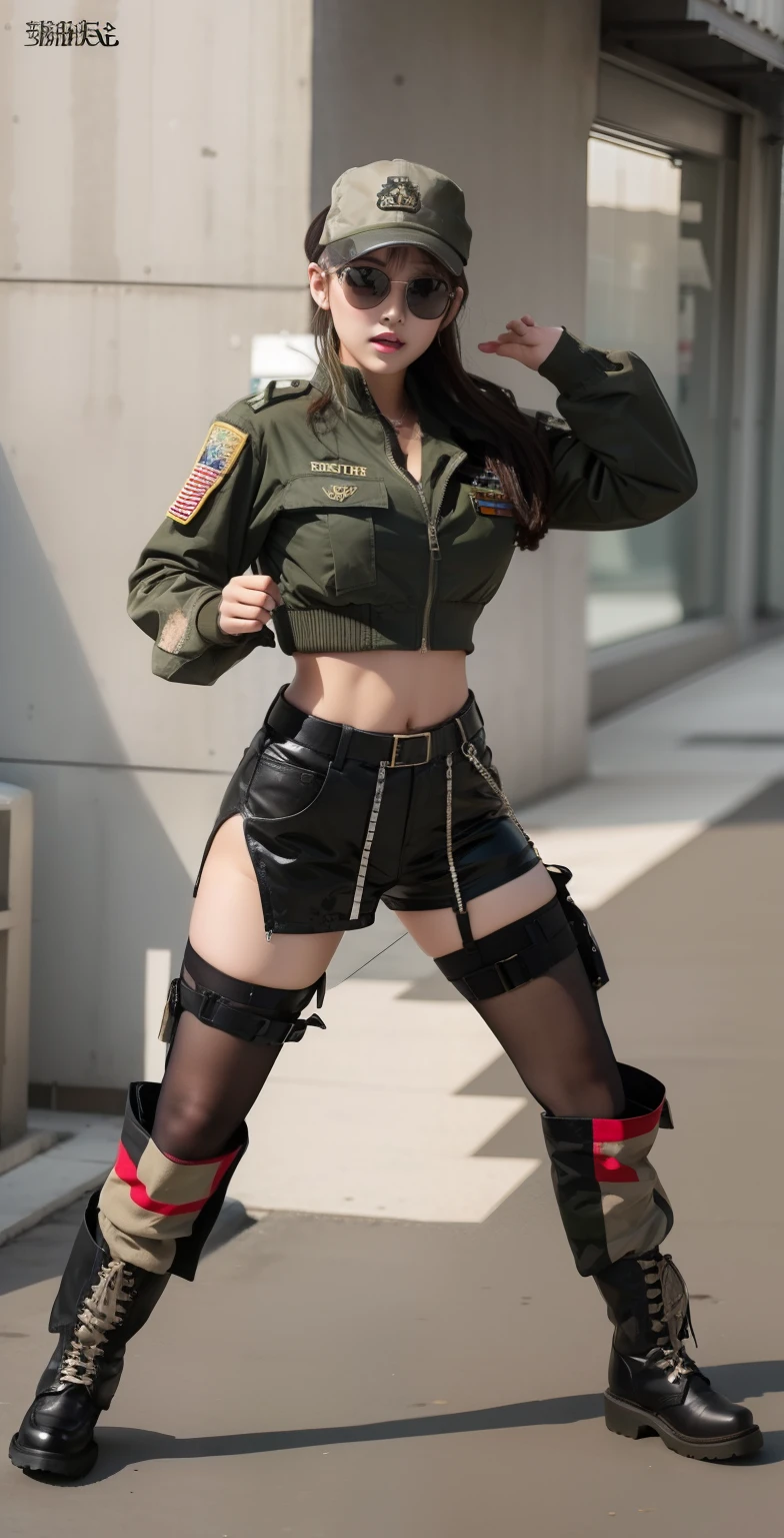 Young beautiful female fighter pilot in pilot suit and MA1 jacket、Image of an F-35 jet attempting to board a ground air base。 She has a helmet in her hand。 The pilot approaches the plane in a confident posture。 This scene is、aircraft、runway、Background support, with detailed depictions of ground personnel and equipment、It captures the environment of an air base。huge tit、cleavage of the breast、beauty legs、
