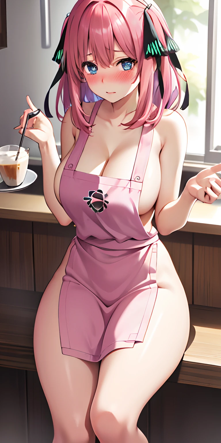 1girl, solo, nakano nino, pink hair, butterfly hair ornament, (naked:1.3), (white apron), large breasts, cleavage, thighs, cafe background, (blushing:1.3)