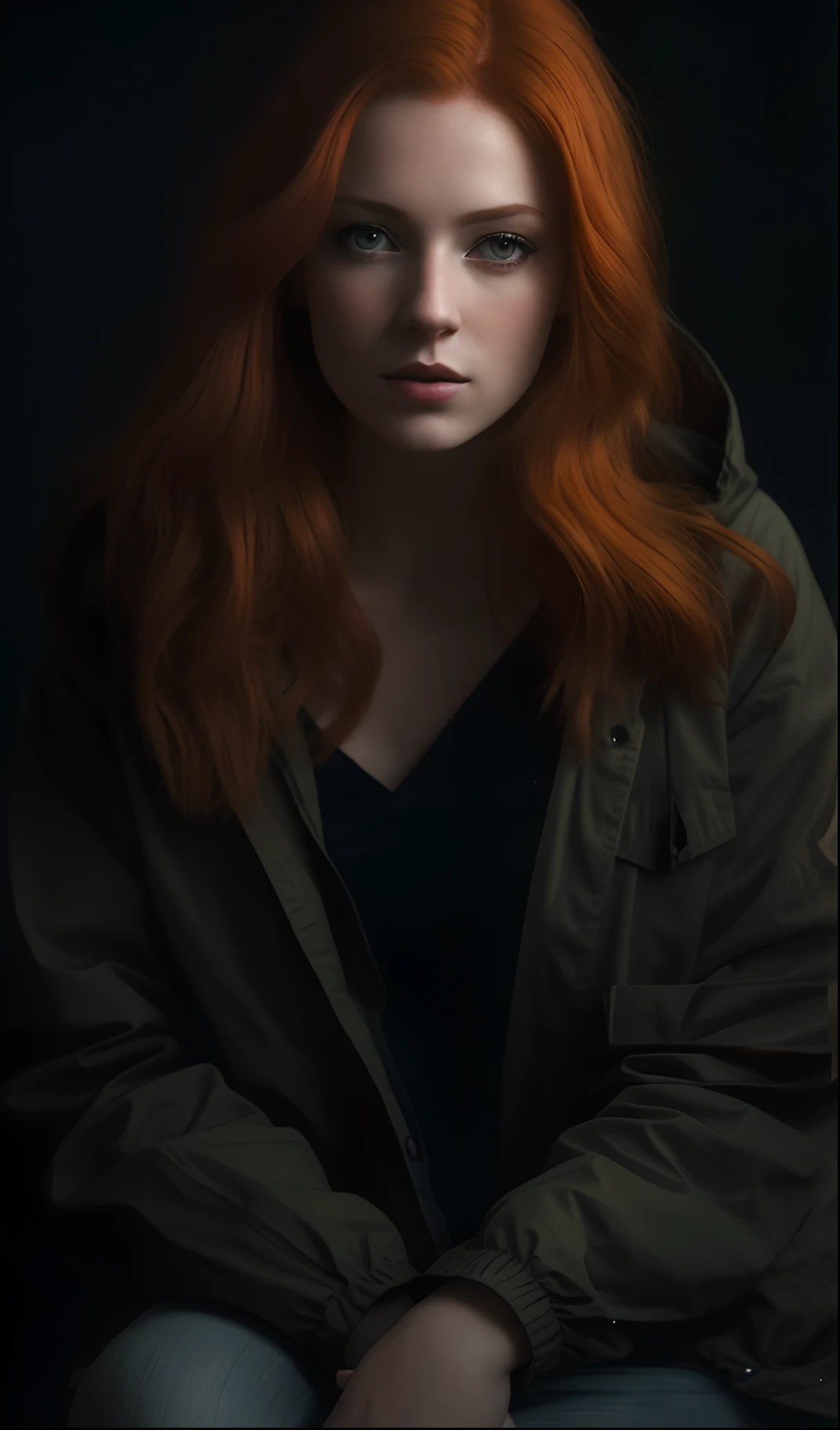 arafed woman with red hair sitting on a black background, soft portrait shot 8 k, redhead woman, color portrait, woman with red hair, highly detailed vfx portrait, cinematic portrait, a redheaded young woman, beautiful portrait lighting, red haired young woman, portrait of a red haired girl, color photograph portrait 4k, high quality portrait, moody cinematic lighting