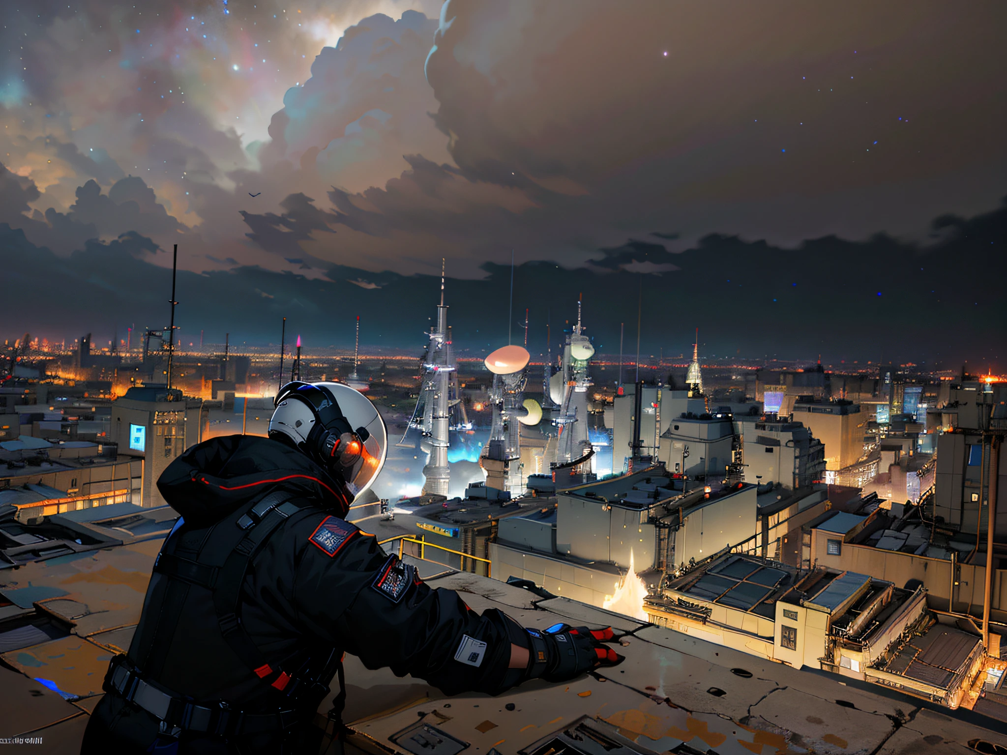 ((best quality 4k)), ((masterpiece)), ( extreme detailed, highest detailed, official art, beautiful and aesthetic:1.2), Portrait of a lone space traveler on a spacesuit with patches from the military looking at the galaxy full of shiny stars, (symmetrycal buildings), shiny stars, futuristic city view
