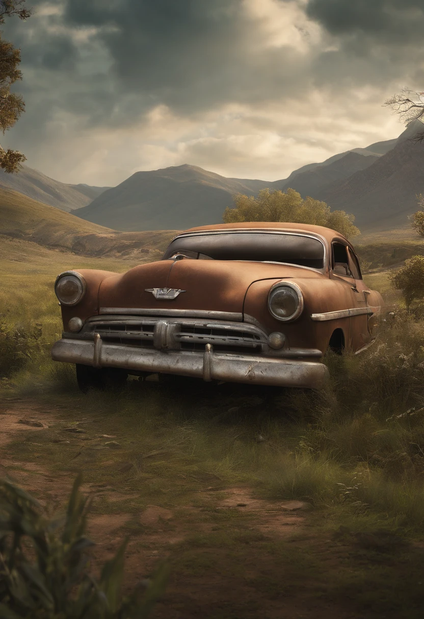 there is a old car that is sitting in the grass, a detailed matte painting inspired by Rudy Siswanto, pexels contest winner, conceptual art, 3 d render and matte painting, post apocalyptic background, post apocalyptic landscape, post apocalyptic view, post apocalyptic scene, post apocalyptic setting, post apocalyptic atmosphere, abandoned vehicles, abandoned cars, photorealistic matte painting