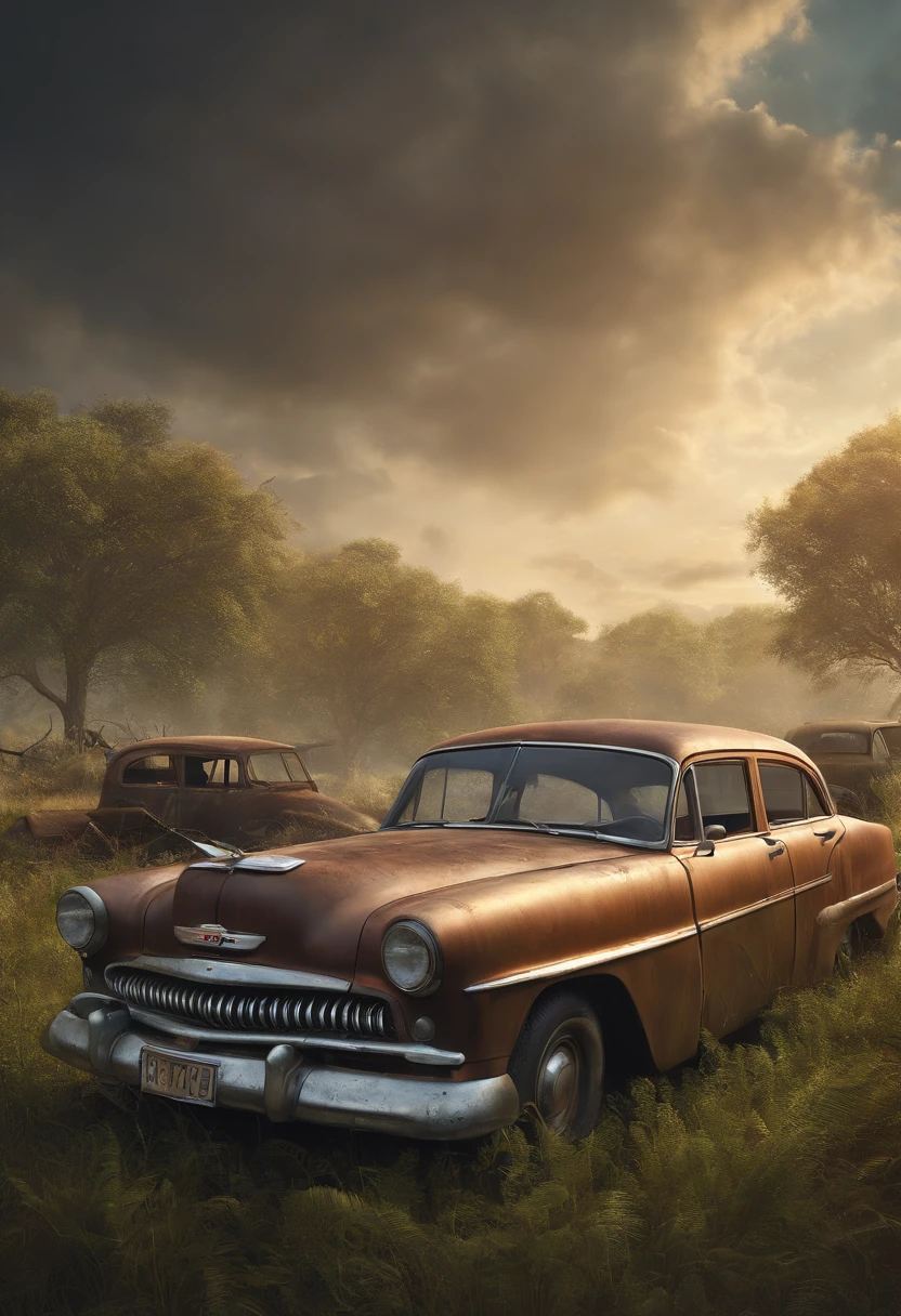 there is a old car that is sitting in the grass, a detailed matte painting inspired by Rudy Siswanto, pexels contest winner, conceptual art, 3 d render and matte painting, post apocalyptic background, post apocalyptic landscape, post apocalyptic view, post apocalyptic scene, post apocalyptic setting, post apocalyptic atmosphere, abandoned vehicles, abandoned cars, photorealistic matte painting