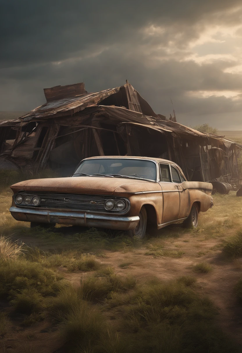 there is a old car that is sitting in the grass, a detailed matte painting inspired by Rudy Siswanto, pexels contest winner, conceptual art, 3 d render and matte painting, post apocalyptic background, post apocalyptic landscape, post apocalyptic view, post apocalyptic scene, post apocalyptic setting, post apocalyptic atmosphere, abandoned vehicles, abandoned cars, photorealistic matte painting