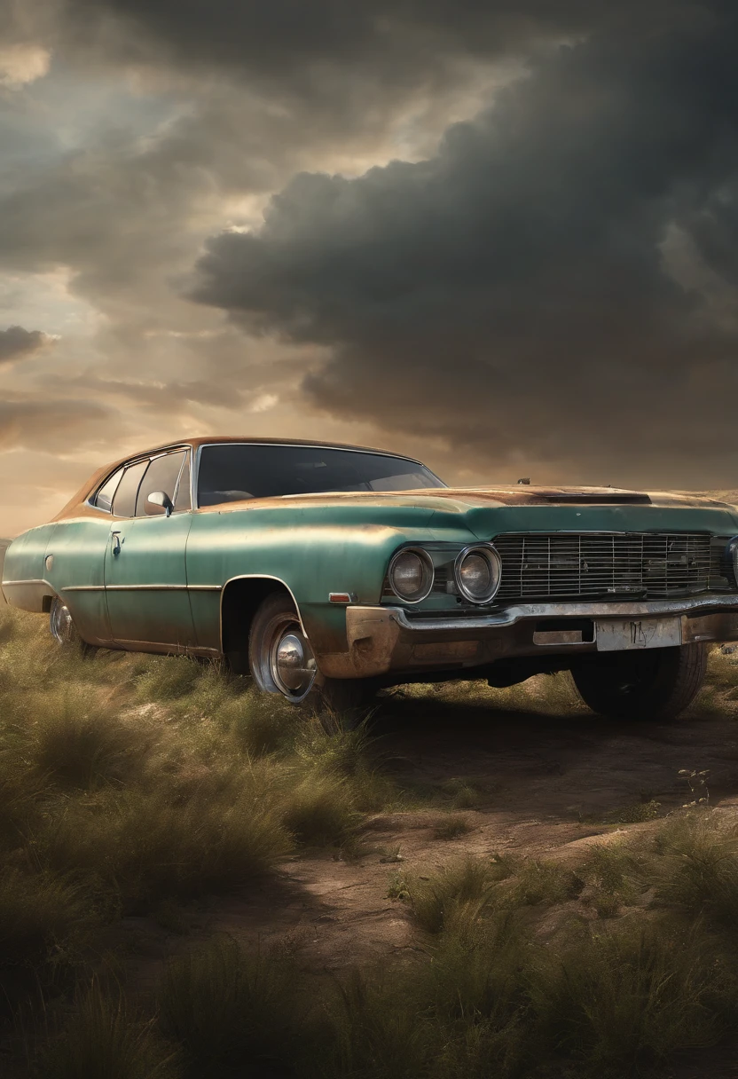 there is a old car that is sitting in the grass, a detailed matte painting inspired by Rudy Siswanto, pexels contest winner, conceptual art, 3 d render and matte painting, post apocalyptic background, post apocalyptic landscape, post apocalyptic view, post apocalyptic scene, post apocalyptic setting, post apocalyptic atmosphere, abandoned vehicles, abandoned cars, photorealistic matte painting