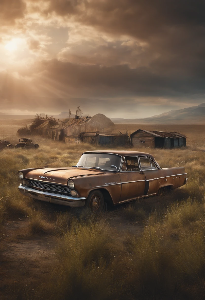 there is a old car that is sitting in the grass, a detailed matte painting inspired by Rudy Siswanto, pexels contest winner, conceptual art, 3 d render and matte painting, post apocalyptic background, post apocalyptic landscape, post apocalyptic view, post apocalyptic scene, post apocalyptic setting, post apocalyptic atmosphere, abandoned vehicles, abandoned cars, photorealistic matte painting