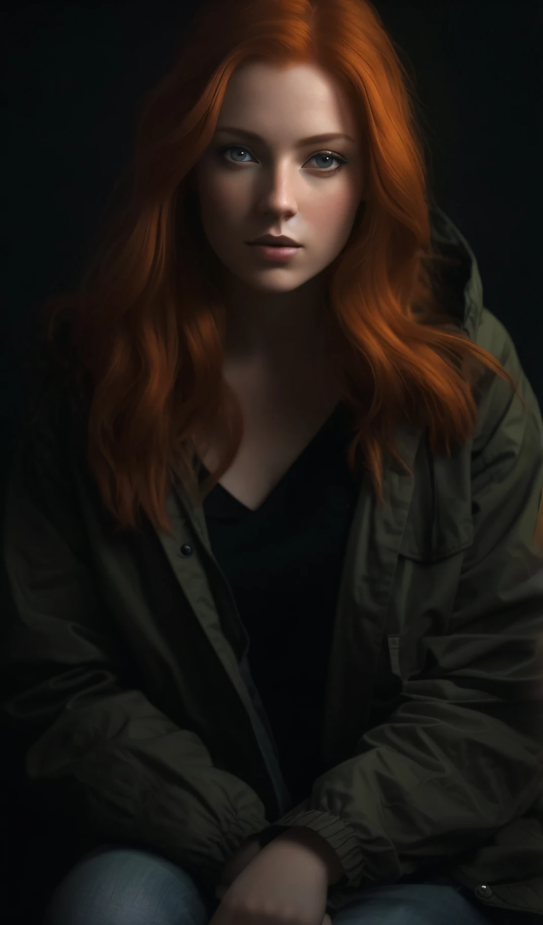 arafed woman with red hair sitting on a black background, soft portrait shot 8 k, redhead woman, color portrait, woman with red hair, highly detailed vfx portrait, cinematic portrait, a redheaded young woman, beautiful portrait lighting, red haired young woman, portrait of a red haired girl, color photograph portrait 4k, high quality portrait, moody cinematic lighting