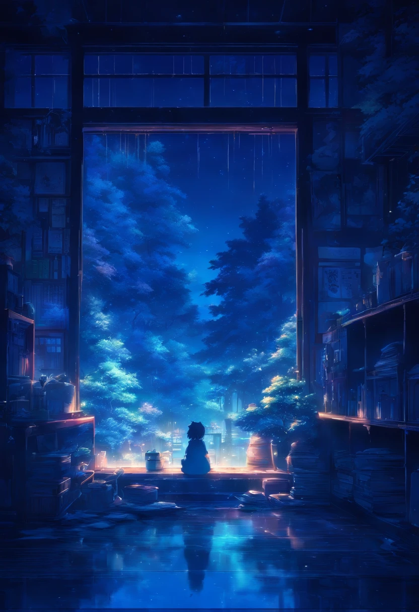 Anime background,dark, ambient light, blue monochrome, cold outside, warm, room, wide, wide shot, landscape orientation, interior