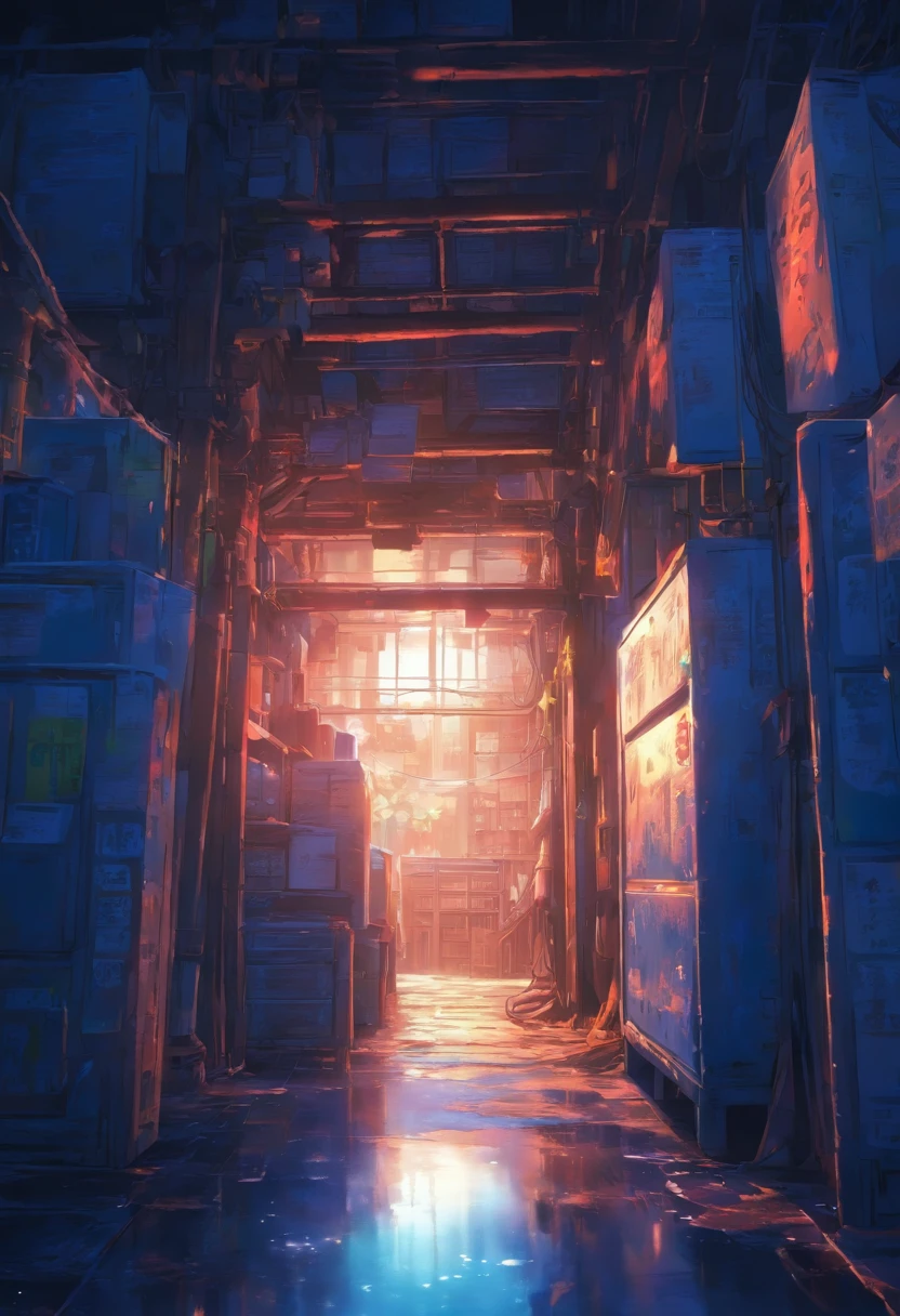 Anime background,dark, ambient light, blue monochrome, cold outside, warm, room, wide, wide shot, landscape orientation, interior