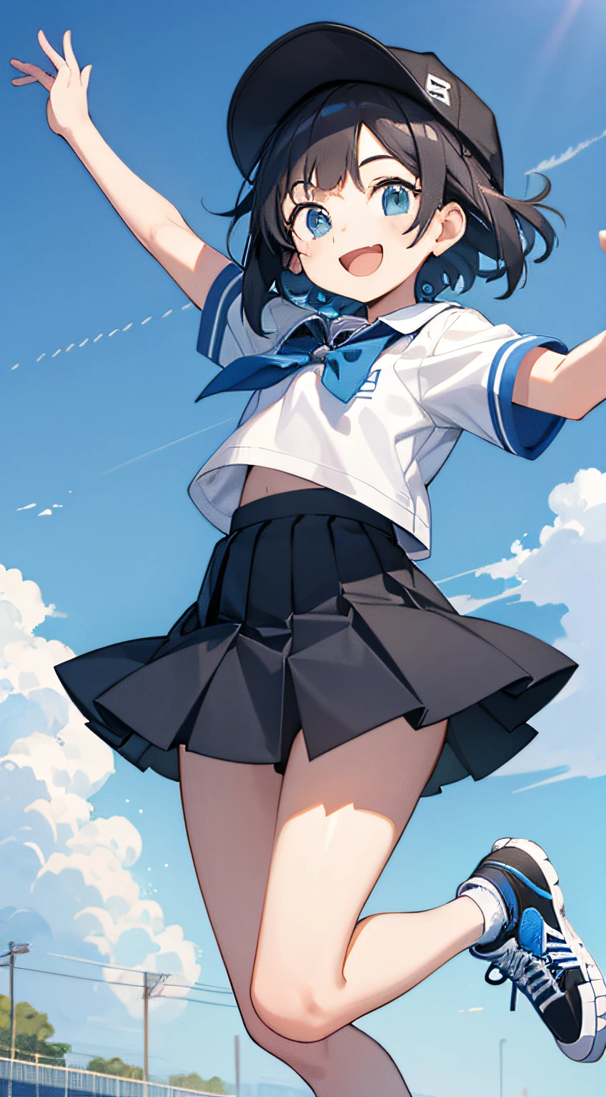 Sneaker Girl Jump、Black spats、、Panty shot、Laughing with your mouth open、blue sky、cute、Big Breasts、Open your eyes