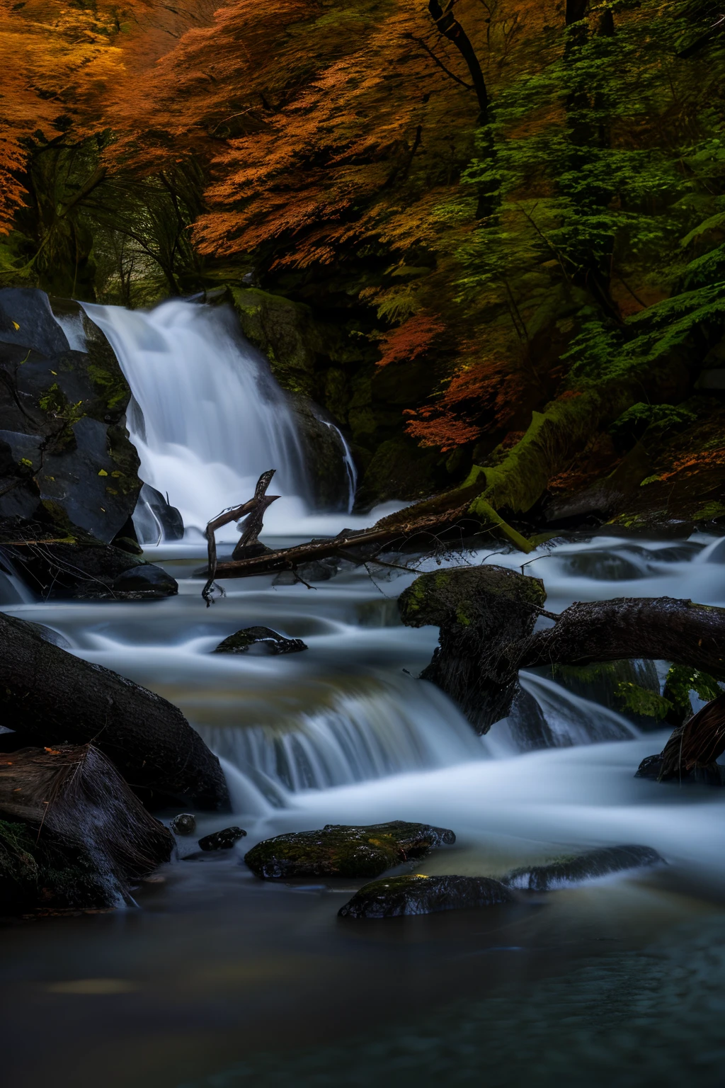 arafed waterfall in the woods with a fallen tree in the foreground, forest and waterfall, long exposure 8 k, slow exposure hdr 8 k, lakes and waterfalls, peaceful beautiful waterfall, waterfalls and lakes, a river flowing with waterfall, cascading, beautiful flowing feeling, with waterfalls and river, with waterfalls, next to a waterfall, flowing water, stunning waterfall
