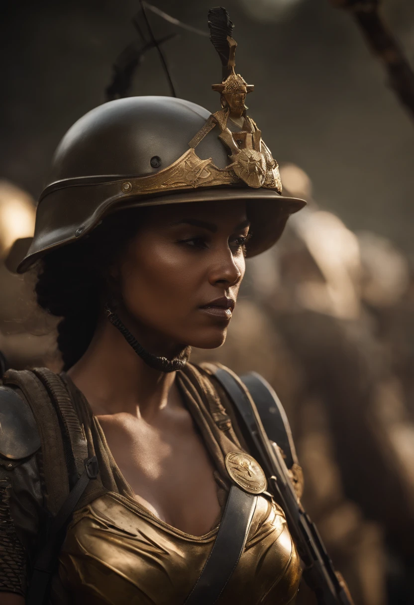Gere uma imagem da personagem Mara, also known as 'Mara Death Dealer', do jogo Call of Duty: Guerra moderna.  corpo inteiro, fisionomia cruel, Micro Bikini Uniforme de Batalha, cor vermelha e preta, Detalhes em ouro, na praia, sol poente, palmeiras, corpo escultural, flowing hair, metralhadoras, armas, Fuzil AK-47, Granadas, gold accessories)) Standing in a tank