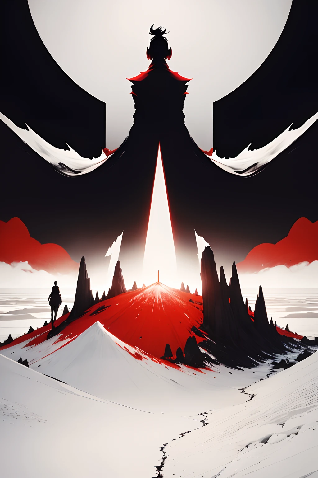 all white background, black red and tan minimalist silhouette mountains, on the plains of african , surrounded by ice green chaos energy, standing in the foreground of scattered trees, safe, glowing, claws, glowing_eyes, standing, no_humans, teeth, gradient dynamic pose in the style of Peter Morbacher and Abigail Larson and Iren Horr