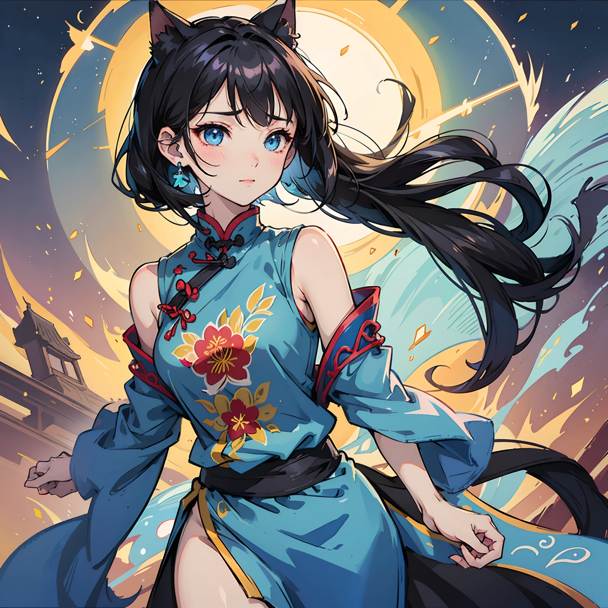 best qualtiy,tmasterpiece,quadratic element,1girll,Black hair, Blue eyes ,ssmile,on cheongsam,It has Jiangnan water town elements,Fair complexion,medium boob,full bodyesbian,cat ear,teardrop,Blushlush,tiny mouth,Bangs flutter in the wind,Purifies skin --auto