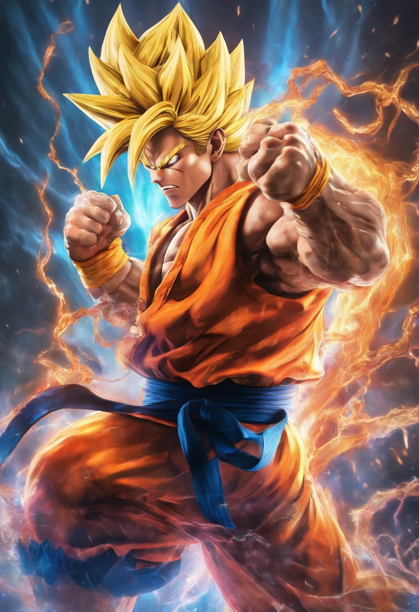 Realistic 3D rendering of Goku Super Saiyan fused Aquaman, surrounded by lightning, grande musculatura, fotografia de corpo inteiro, hiper-realista