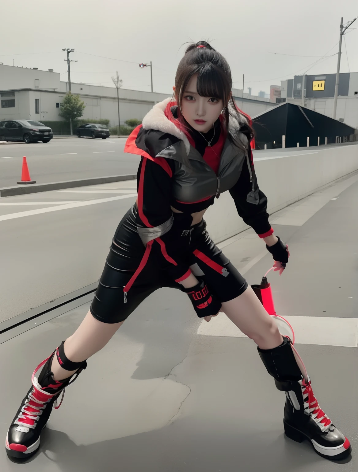 Black shorts(Fluorescent Red Line)、beautiful foot、Cyberpunk Female Idol、Good Style、semi long hair、Black shorts、、Idol face、large full breasts、Fluorescent Redline Garment、、、、Silver Boots、Silver tops