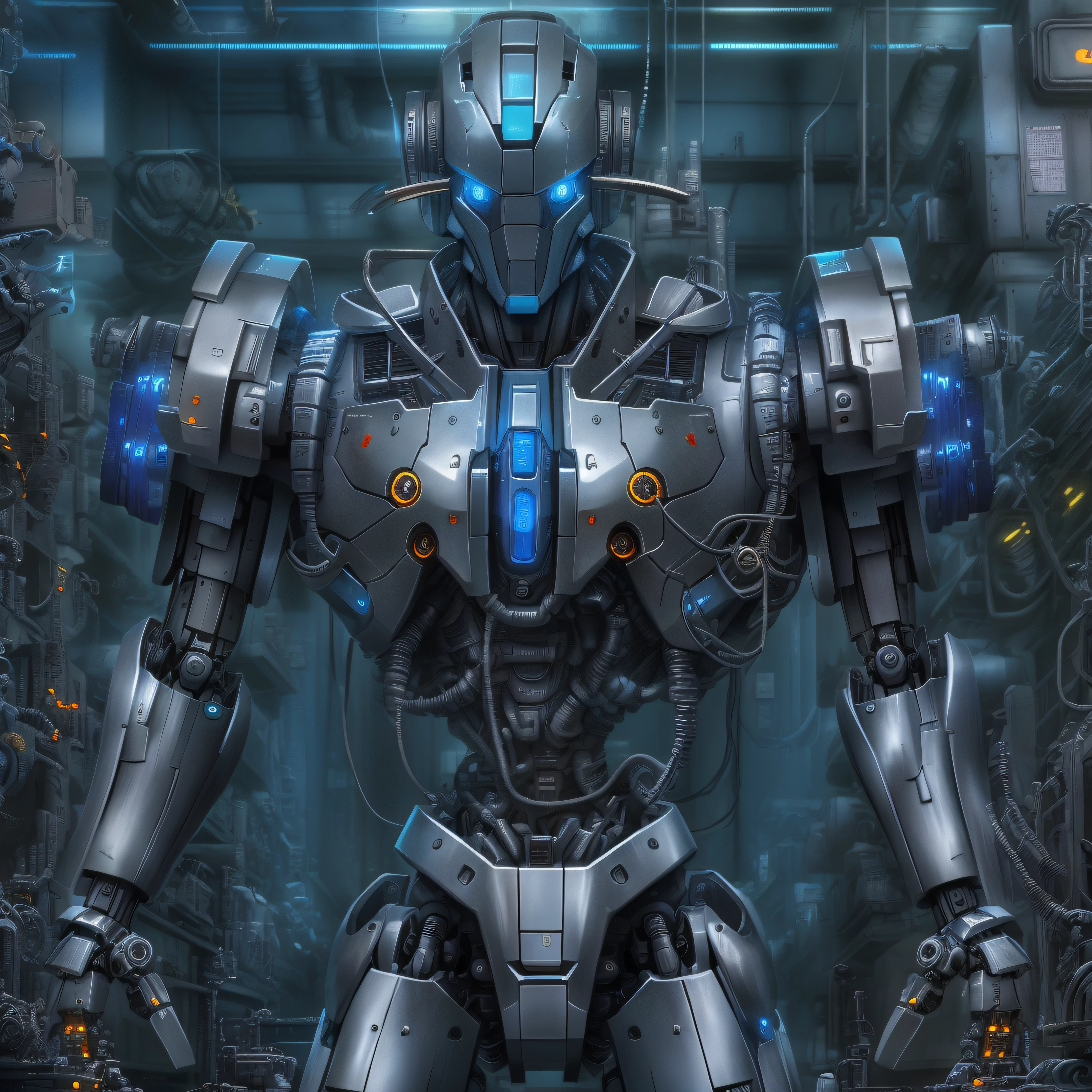 (Masterpiece, Best quality), Intricate details, Photo, Realistic, illusory engine, Grey chrome and blue chrome
Mecha, humanoid robots, robot, robotjoints, Joints, helmet, Armor, Robot man, New, Cyberpunk Warehouse, Computer terminal, Arc electricity, sp3ct4, Dark atmosphere,