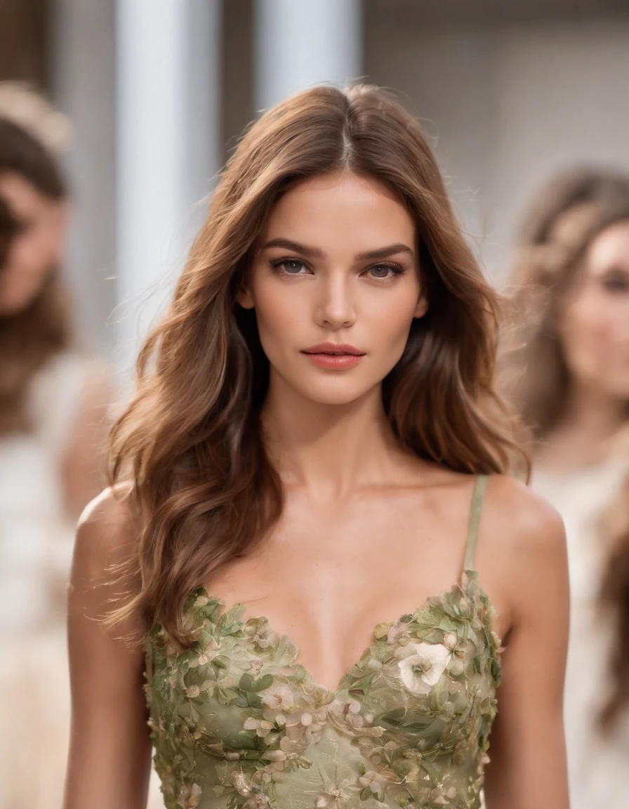 photo of a stunning extremely beautiful Brazilian supermodel, green eyes, long messy windy light brown hair, flipping hair, closeup zoomed in tight crop portrait, walking down a (runway at a fashion show scene models people:1.2) wearing a (fluttering floral high couture dress:1.3) (expensive clutch bag on her hand:1.3) (Lighting-Gold:1.2) foreground objects background details (masterpiece:1.2) (photorealistic:1.2) (bokeh:1.2) (best quality) (color grading) (detailed skin:1.3) (intricate) (8k) (HDR) (cinematic lighting:1.3) (sharp focus), messy windy hair