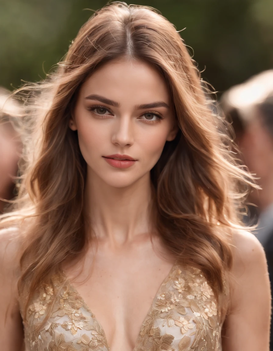 photo of a stunning extremely beautiful Brazilian supermodel, green eyes, long messy windy light brown hair, flipping hair, closeup zoomed in tight crop portrait, walking down a (runway at a fashion show scene models people:1.2) wearing a (fluttering floral high couture dress:1.3) (expensive clutch bag on her hand:1.3) (Lighting-Gold:1.2) foreground objects background details (masterpiece:1.2) (photorealistic:1.2) (bokeh:1.2) (best quality) (color grading) (detailed skin:1.3) (intricate) (8k) (HDR) (cinematic lighting:1.3) (sharp focus), messy windy hair