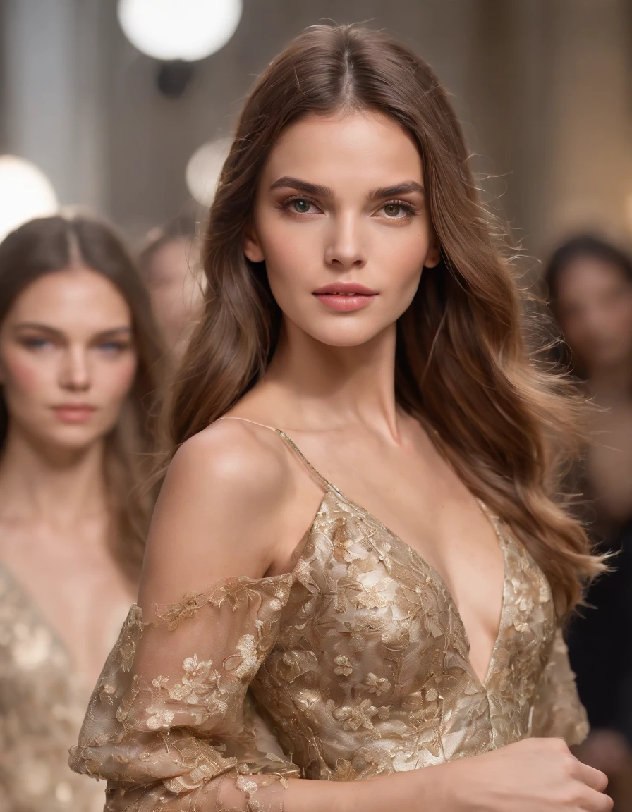 photo of a stunning extremely beautiful Brazilian supermodel, green eyes, long messy windy light brown hair, flipping hair, closeup zoomed in tight crop portrait, walking down a (runway at a fashion show scene models people:1.2) wearing a (fluttering floral high couture dress:1.3) (expensive clutch bag on her hand:1.3) (Lighting-Gold:1.2) foreground objects background details (masterpiece:1.2) (photorealistic:1.2) (bokeh:1.2) (best quality) (color grading) (detailed skin:1.3) (intricate) (8k) (HDR) (cinematic lighting:1.3) (sharp focus), messy windy hair