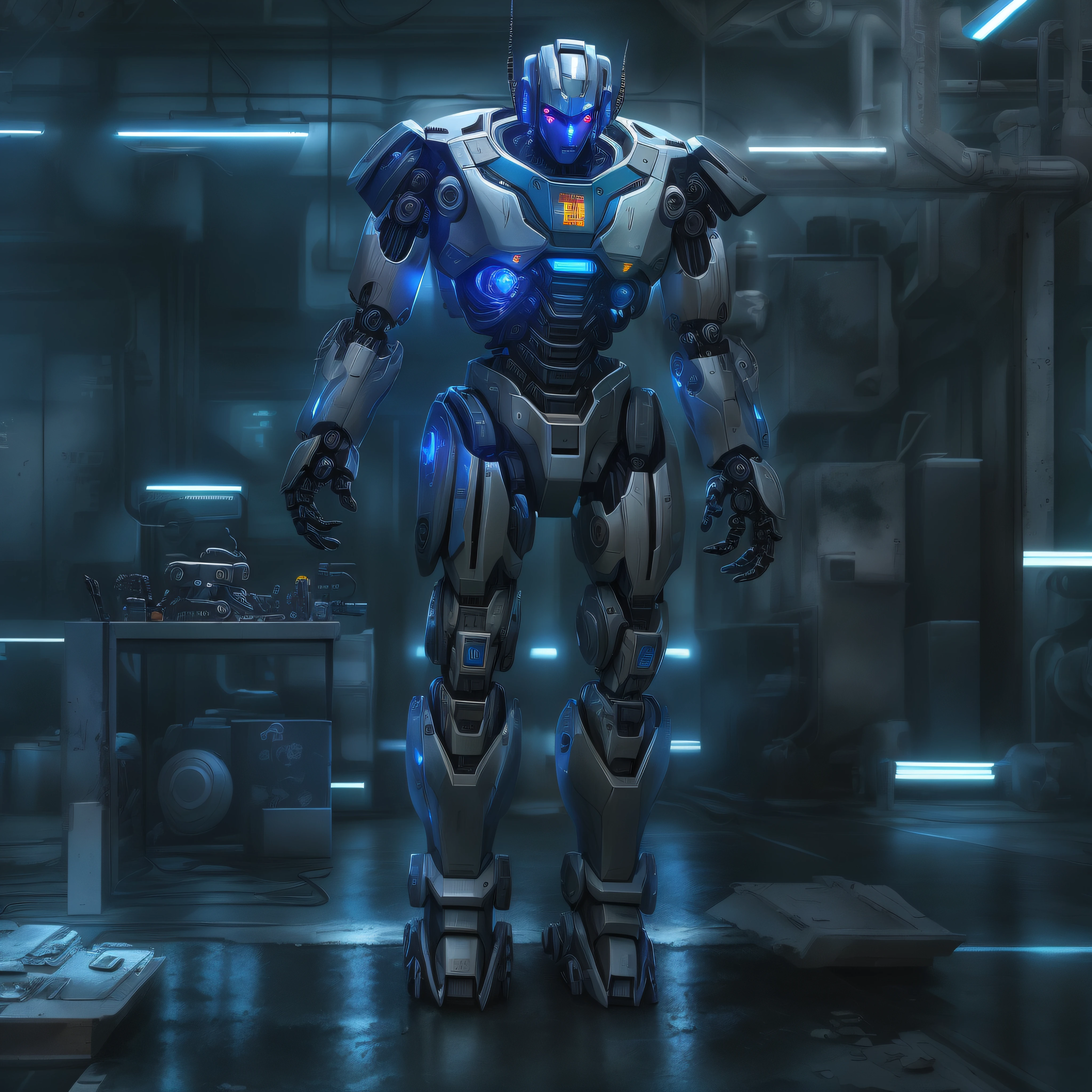 (Masterpiece, Best quality), Intricate details, Photo, Realistic, illusory engine, Grey chrome and blue chrome
Mecha, humanoid robots, robot, robotjoints, Joints, helmet, Armor, Robot man, New, Cyberpunk Warehouse, Computer terminal, Arc electricity, sp3ct4, Dark atmosphere,