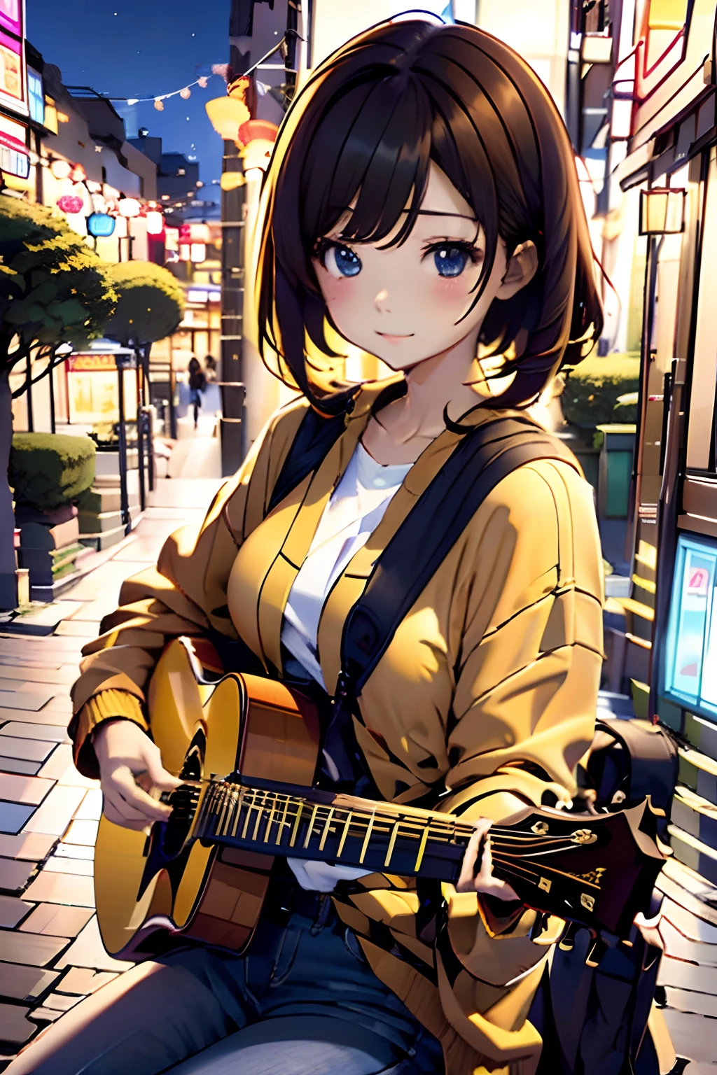 top-quality、masutepiece、8K，cute 18yo girl、brown haired、a short bob、dishevled hair、looking_away、up looking_Away、Playing on guitar、Orange hoodie、Old Denim、Sit down and play the guitar、Playing the guitar、Sing natural facial expressions、longshot、Heaventown、Night、Neon Street、Night、Natural light、Outdoor Night Downtown、Playing the guitar、