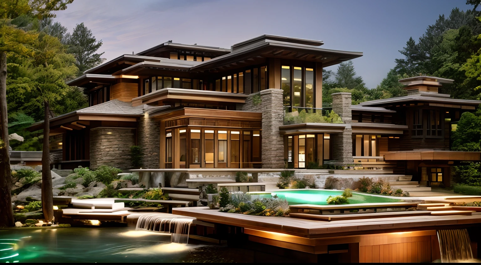 a close up of a building with a waterfall in front of it, large modern residence, luxury architecture, peaceful wooden mansion, frank lloyd wright, exquisite architecture, rich house, contemporary masterpiece, neotraditional modern, falling water, architecture award winning, contemporary architecture, award winning architecture, contemporary house, mix with rivendell architecture, architectural masterpiece, award winning contemporary,very bright (((multi-long LED lights)))