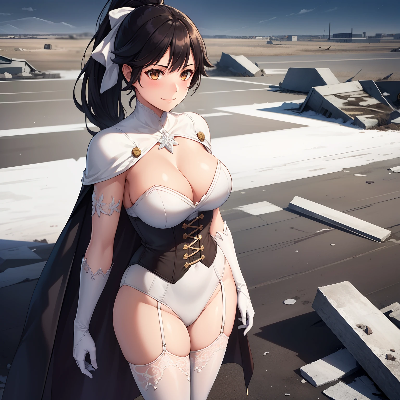 1girl,,big breasts,standing in ruined city,(8k),scratches,detailed face,black hair,brown eyes,very long hair,embarassed,small smile face,ponytail,hair, high_res, high_definition,the battlefield,battle pose,corset,cape,gloves, (Emma Frost Custome:1.1),