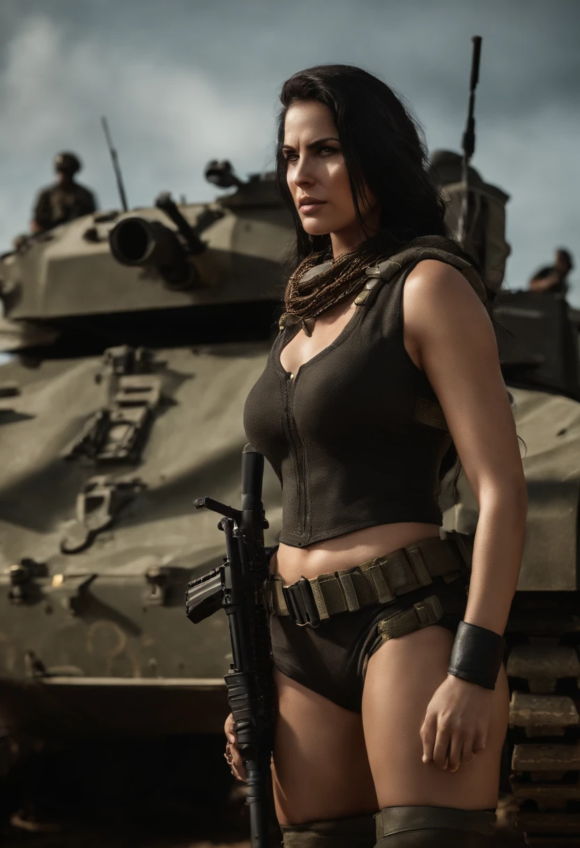 Gere uma imagem da personagem Mara, also known as 'Mara Death Dealer', do jogo Call of Duty: Guerra moderna.  corpo inteiro, fisionomia cruel, Micro Bikini Uniforme de Batalha, cor vermelha e preta, Detalhes em ouro, na praia, sol poente, palmeiras, corpo escultural, flowing hair, metralhadoras, armas, Fuzil AK-47, Granadas, gold accessories)) Standing in a tank