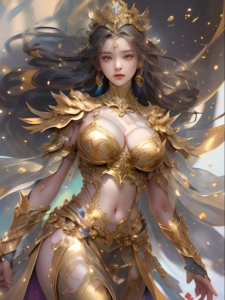 NSFW, (breast baring,bare perky ), Woman in a golden transparent dress,view the viewer,(((Huge breasts, Large cleavage))),Slim waist,(navel baring,Bare waist), bubble butt, sexy legs, Long hair, Ultra-detailed details,High-end Zhenyi station, Rainstorm site, detailed fantasy art, Stunning character art, Beautiful and exquisite character art, Beautiful gold and silver armor, Extremely detailed, Girl in shiny armor, Exquisite tiaras and jewelry,Crystal jewelry filigree, milky ways, Stunning visuals, (dynamic streaks, light tracks:1.2), Vibrant colors,