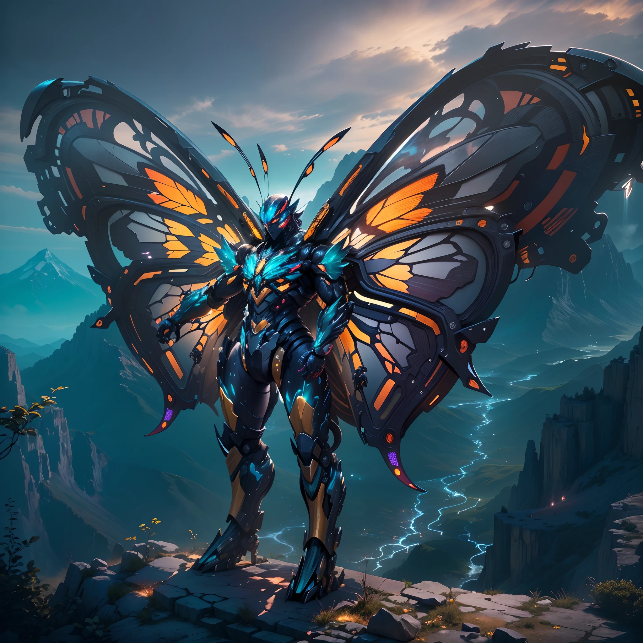 wide wide shot，(Best quality,Masterpiece:1.2),(Realistic,Photorealistic,photo-realistic:1.37),Mechanical butterfly，Huge wings,Shiny metal skin,[Mechanical body,Mechanical limb]。nigth,frontage，(standing on top of a mountain)。Vibrant colors。Science fiction art style.