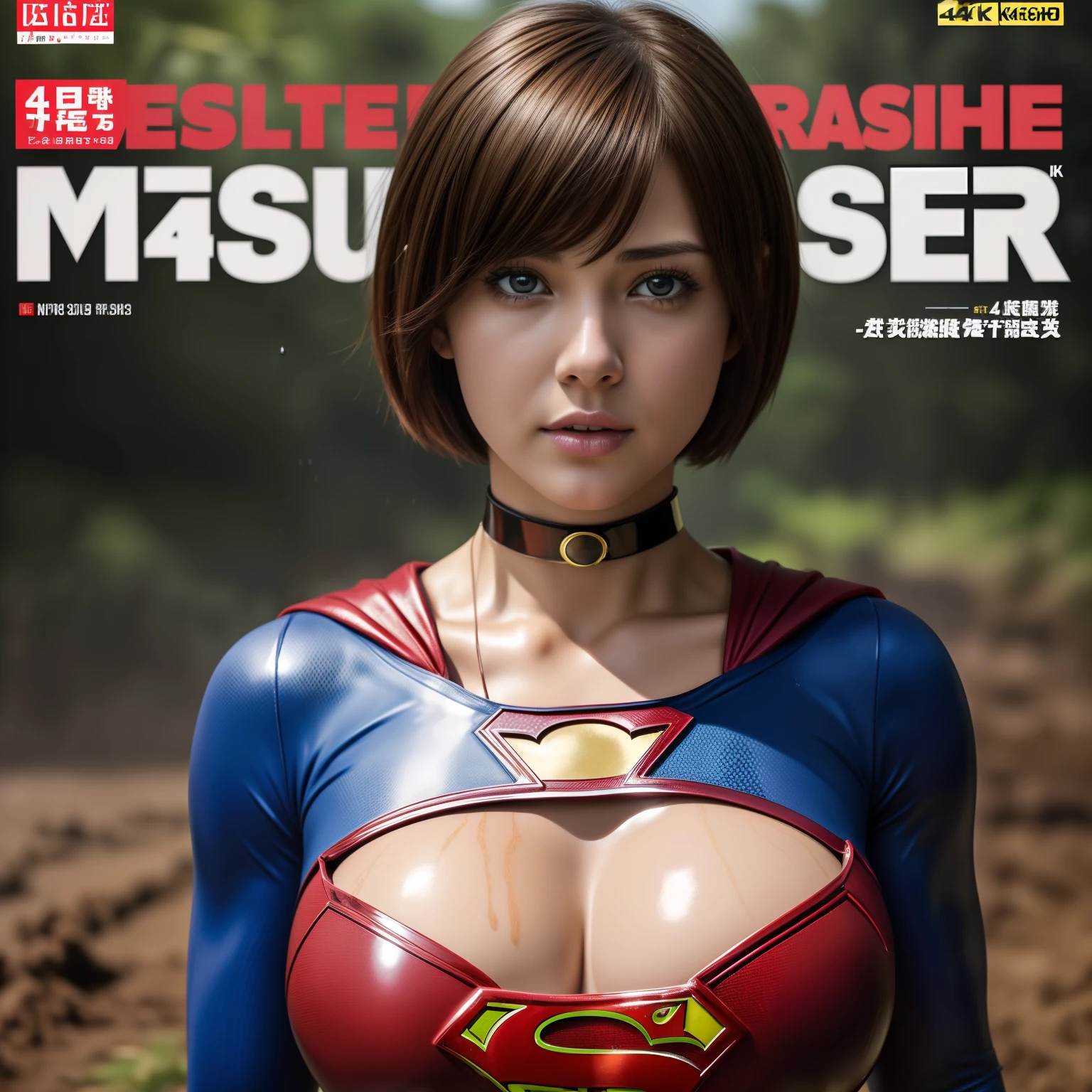 (Best Quality,4K,8K,hight resolution,masutepiece:1.2),Ultra-detailed,Realistic:1.37,Super masterpiece,Short-haired Supergirl struggling in a quagmire、large full breasts、Looking at the camera、Glossy costume、a choker、Covered in mud、Weekly magazine cover、Splattering droplets
