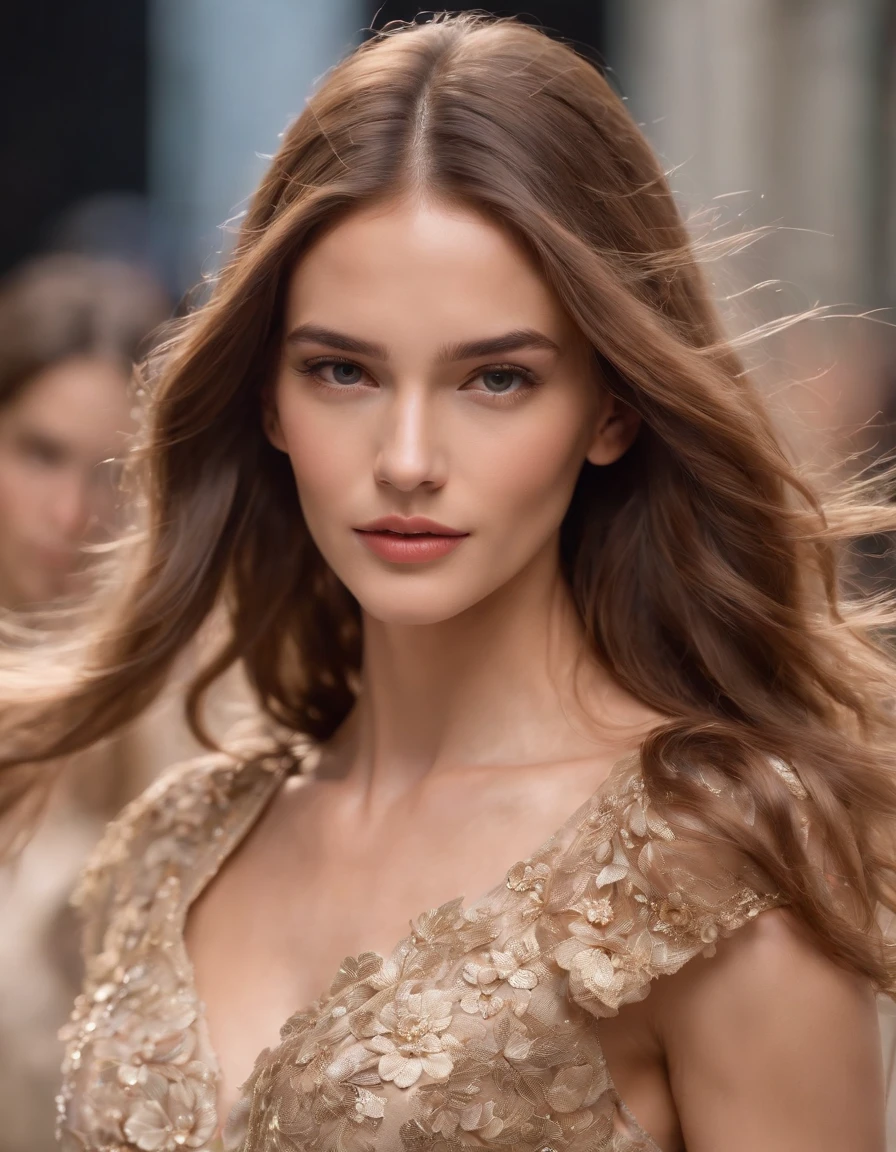 photo of a stunning extremely beautiful Brazilian supermodel, green eyes, long messy windy light brown hair, flipping hair, closeup zoomed in tight crop portrait, walking down a (runway at a fashion show scene models people:1.2) wearing a (fluttering floral high couture dress:1.3) (expensive clutch bag on her hand:1.3) (Lighting-Gold:1.2) foreground objects background details (masterpiece:1.2) (photorealistic:1.2) (bokeh:1.2) (best quality) (color grading) (detailed skin:1.3) (intricate) (8k) (HDR) (cinematic lighting:1.3) (sharp focus), messy windy hair