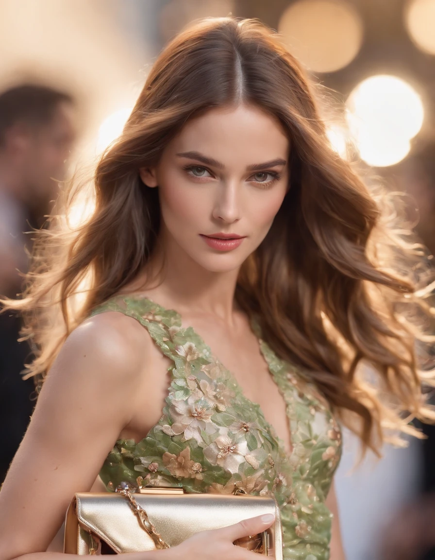 photo of a stunning extremely beautiful Brazilian supermodel, green eyes, long messy windy light brown hair, flipping hair, closeup zoomed in tight crop portrait, walking down a (runway at a fashion show scene models people:1.2) wearing a (fluttering floral high couture dress:1.3) (expensive clutch bag on her hand:1.3) (Lighting-Gold:1.2) foreground objects background details (masterpiece:1.2) (photorealistic:1.2) (bokeh:1.2) (best quality) (color grading) (detailed skin:1.3) (intricate) (8k) (HDR) (cinematic lighting:1.3) (sharp focus), messy windy hair