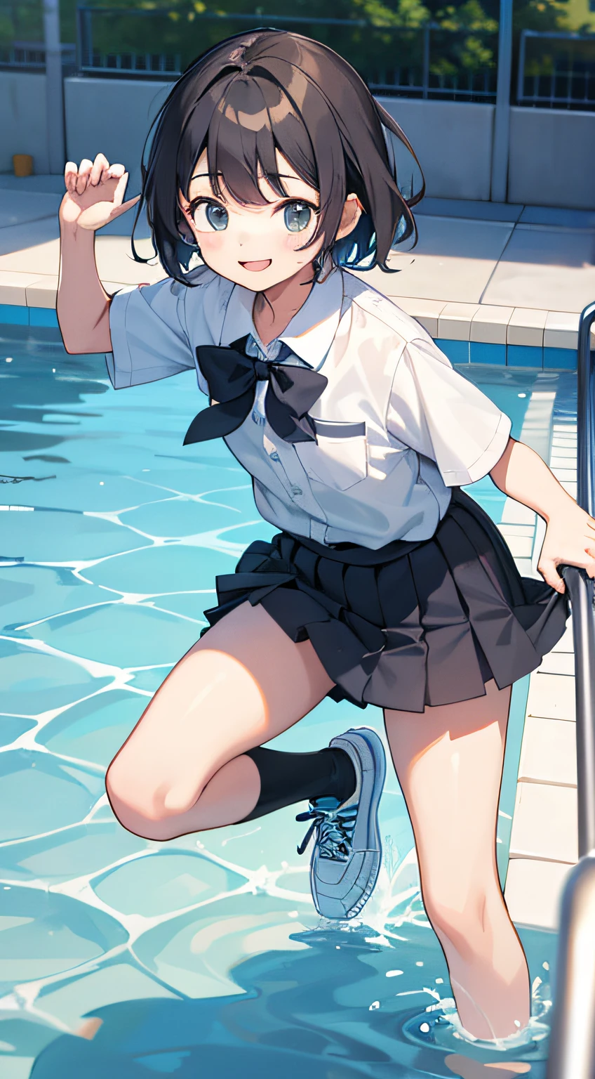 Boyish girl in sneakers getting into the pool water、School uniform、Black socks、A smile