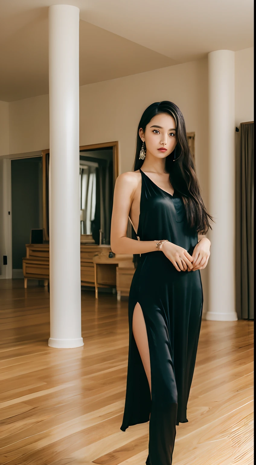 ((Cozy indoor setting, top-notch quality, 8k resolution, a true masterpiece:1.3)), a young woman in a stylish black one-piece dress, poised and graceful:1.2, Elegance personified with a captivating presence:1.4, Flawless beauty with exquisite features:1.1, ((Silky black hair)), (Standing with confidence:1.2), ((Soft indoor lighting, in a tastefully decorated room:1.3)), Fine-grained details in facial and skin texture, Enchanting eyes that tell a story.