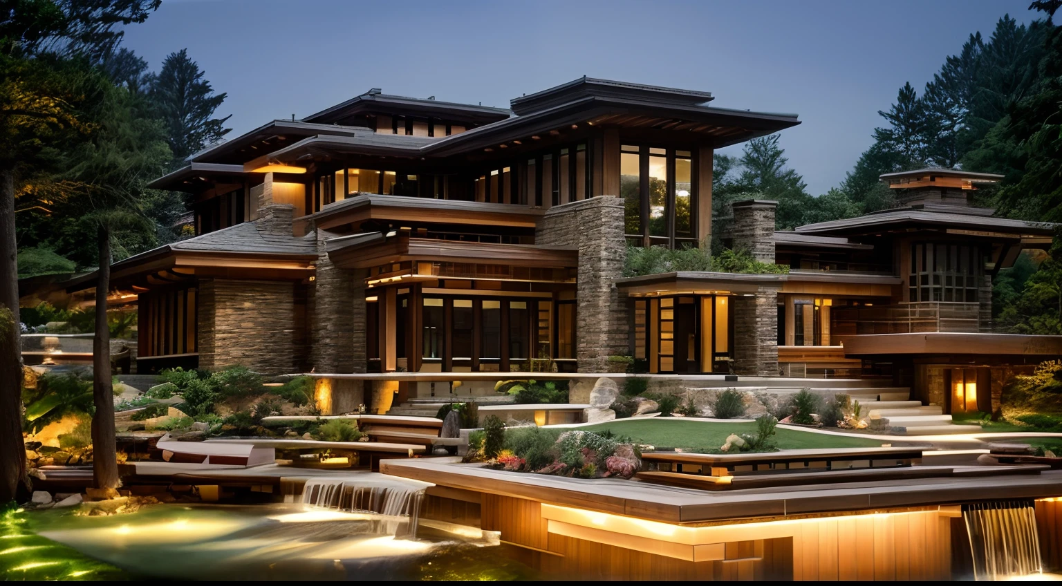 a close up of a building with a waterfall in front of it, large modern residence, luxury architecture, peaceful wooden mansion, frank lloyd wright, exquisite architecture, rich house, contemporary masterpiece, neotraditional modern, falling water, architecture award winning, contemporary architecture, award winning architecture, contemporary house, mix with rivendell architecture, architectural masterpiece, award winning contemporary,very bright (((multi-long LED lights)))