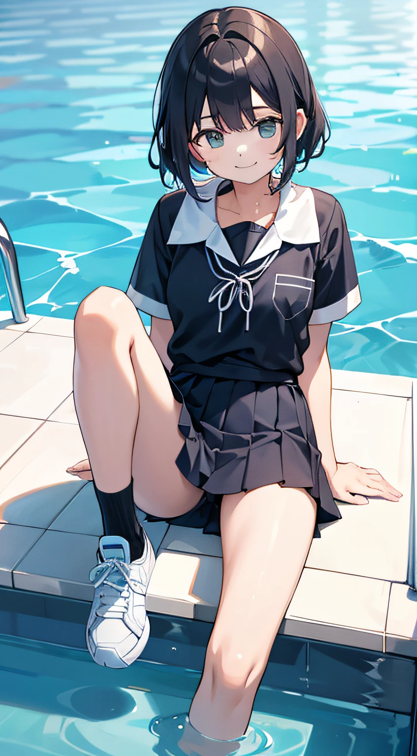 Boyish girl in sneakers getting into the pool water、School uniform、Black socks、A smile