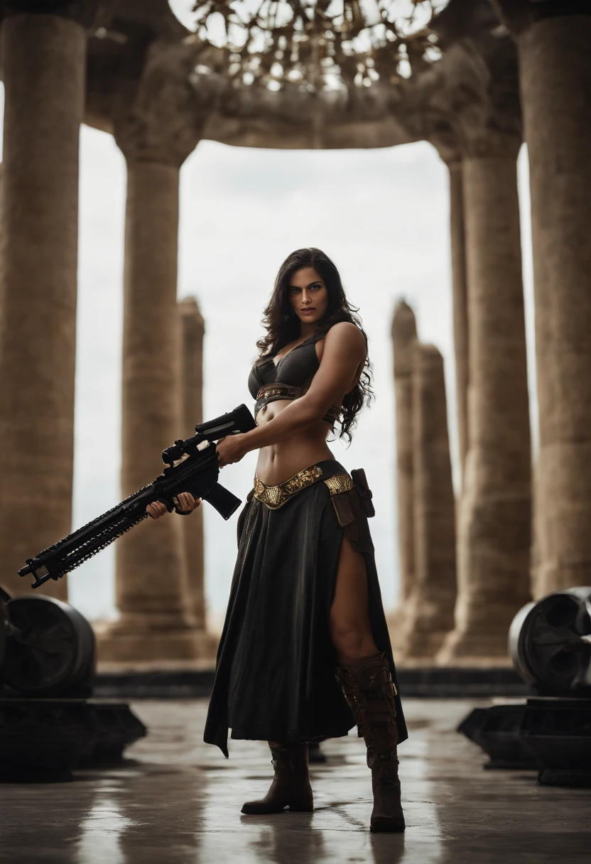 Gere uma imagem da personagem Mara, also known as 'Mara Death Dealer', do jogo Call of Duty: Guerra moderna. corpo inteiro, fisionomia cruel, Micro Bikini Uniforme de Batalha, cor vermelha e preta, Detalhes em ouro, na praia, sol poente, palmeiras, corpo escultural, flowing hair, metralhadoras, Armas, Fuzil AK-47, Granadas, gold accessories)) Standing in a tank