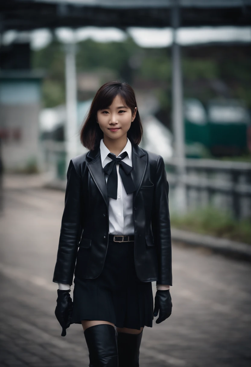 A Japanese high school girl in a blazer uniform, wearing black leather gloves in both hands, wearing black leather long boots, walking with a smile, traveling alone