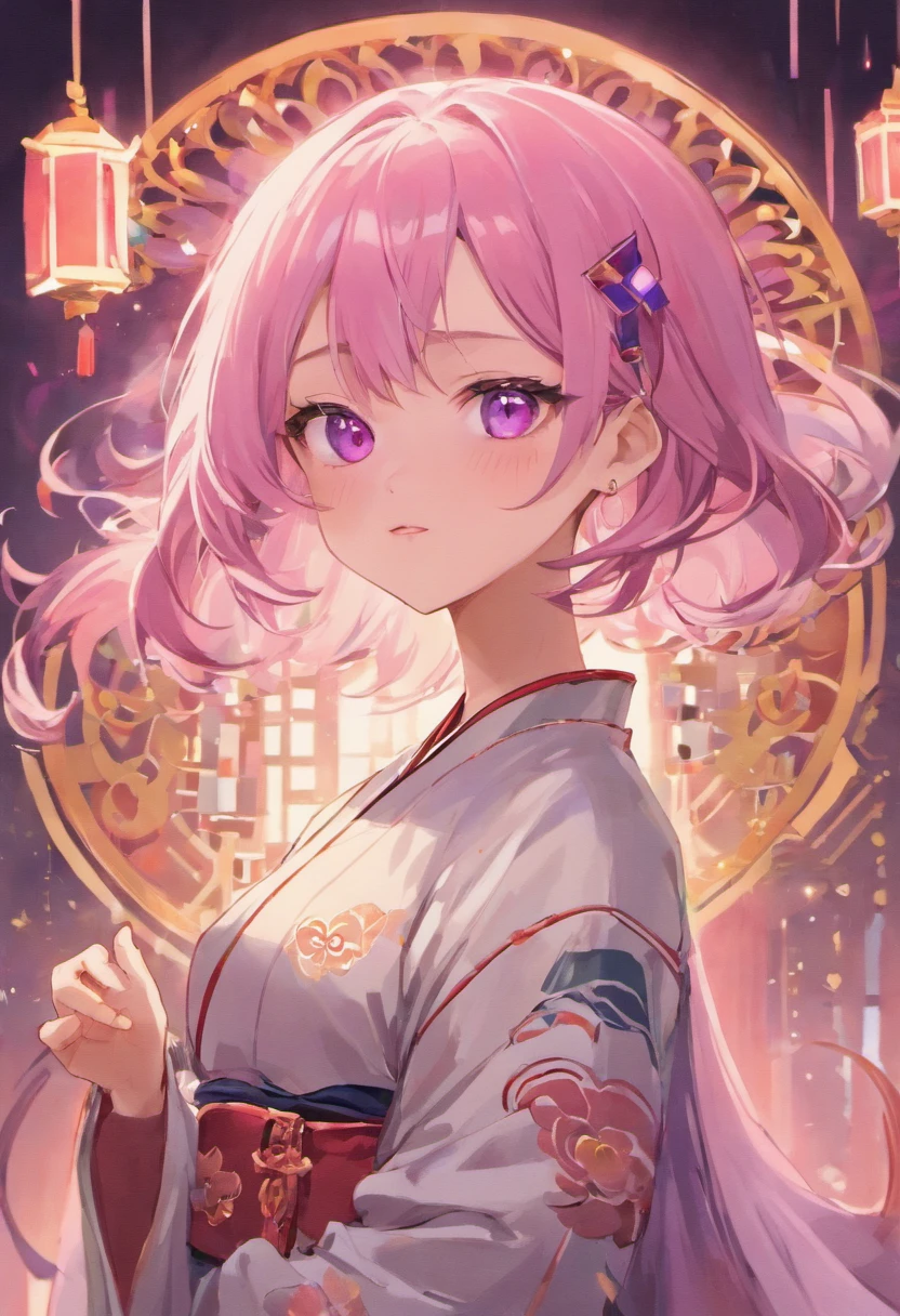 1girll，Kpop idol，yae miko，Detached sleeves，uncovered shoulders，with pink hair，long whitr hair，Best quality at best，（painting of a：1.5），（hair adornments：1.35），jewely，a purple eye，耳Nipple Ring，boobgasm，torii，SakuraNS，lantern light，depth of fields，A detailed face，sface focus，ribbon_trim，（looking at viewert：1.25），Non-traditional miko，Glossy glossy skin，longer sleeves，ssmile，Thick lips，GameCG，hands on lips，east asian architecture，（blur backgroun：1.2），sitted，Upper body，Real Human