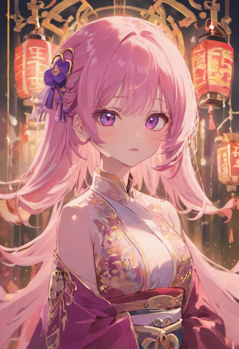 1girll,Kpop idol,yae miko,Detached sleeves,uncovered shoulders,with pink hair,long whitr hair,Best quality at best,(painting of a:1.5),(hair adornments:1.35),jewely,a purple eye,耳Nipple Ring,boobgasm,torii,SakuraNS,lantern light,depth of fields,A detailed face,sface focus,ribbon_trim,(looking at viewert:1.25),Non-traditional miko,Glossy glossy skin,longer sleeves,ssmile,Thick lips,GameCG,hands on lips,east asian architecture,(blur backgroun:1.2),sitted,Upper body,Real Human