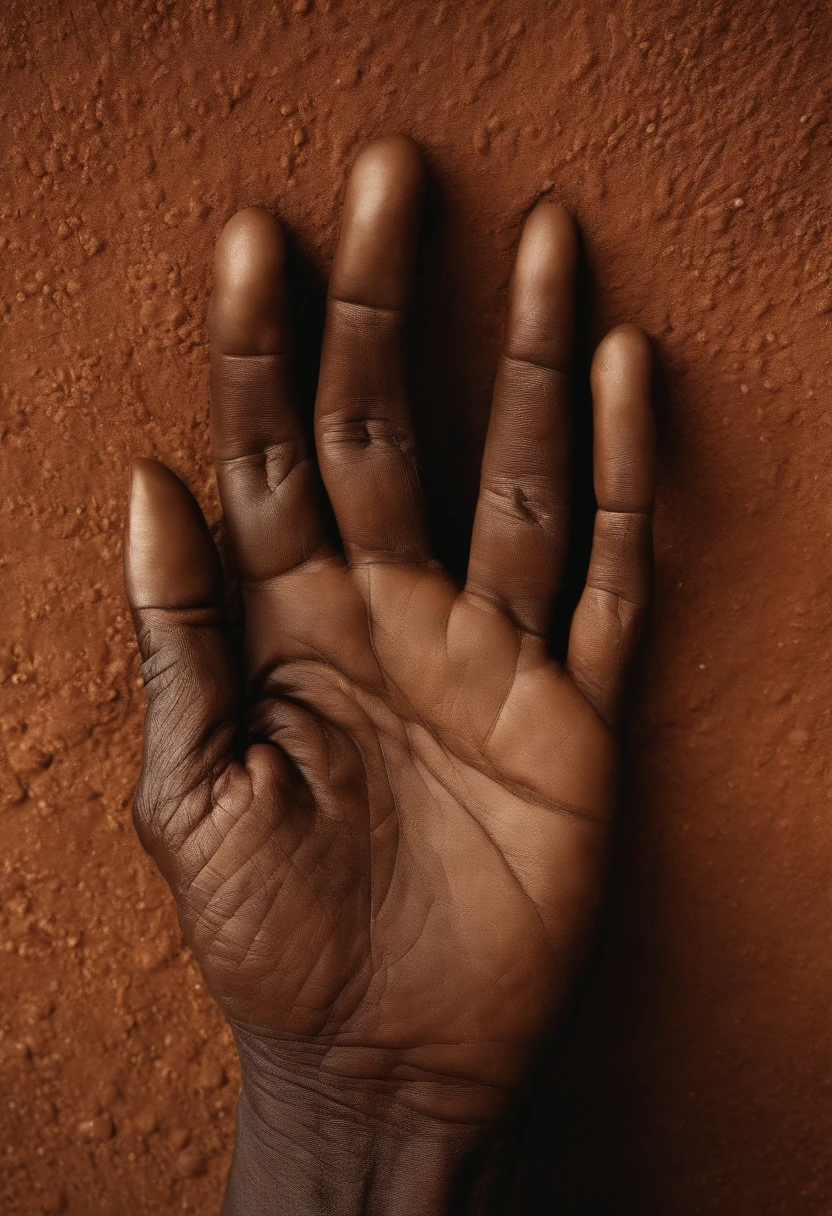 Describe an ultra-realistic image of a black hand gently caressing a wall of earth in Africa. The hand is covered in vivid detail, revelando rugas, cicatrizes e a textura da pele, while the earthen wall displays natural colors and textures of the African region, como tons de vermelho, marrom e ocre. A luz do sol incide suavemente sobre a cena, creating subtle shadows and highlighting every detail of the hand and the surface of the earth. The scene conveys a sense of deep connection to nature and an appreciation for the beauty of Africa