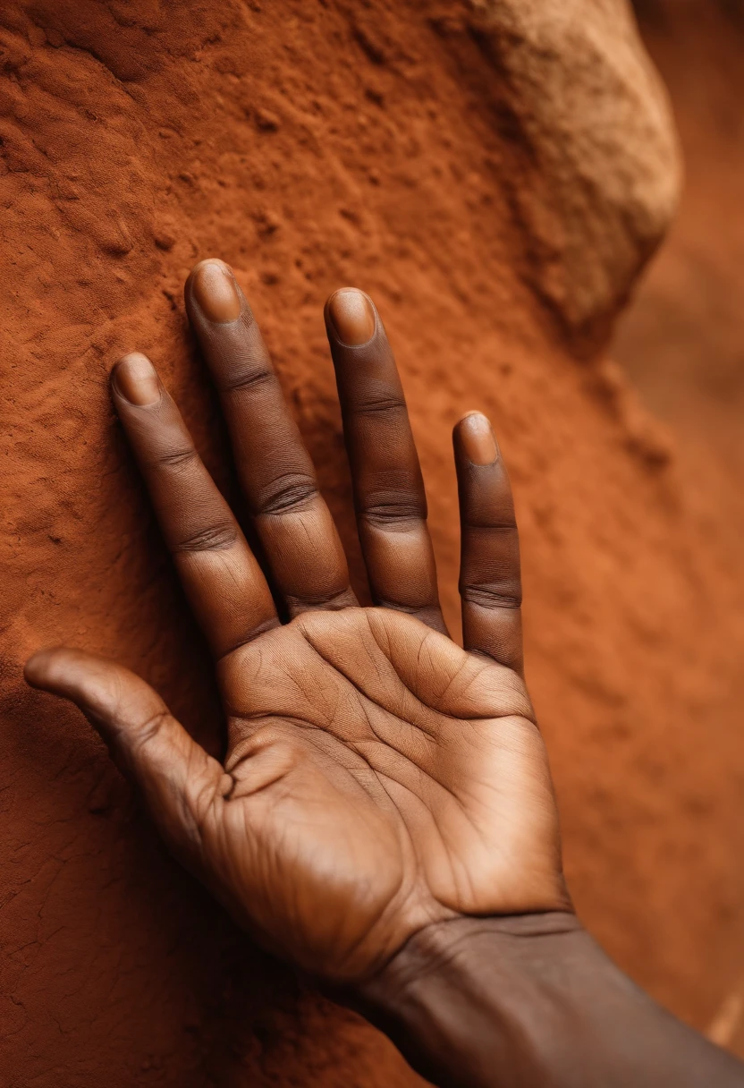 Describe an ultra-realistic image of a black hand gently caressing a wall of earth in Africa. The hand is covered in vivid detail, revelando rugas, cicatrizes e a textura da pele, while the earthen wall displays natural colors and textures of the African region, como tons de vermelho, marrom e ocre. A luz do sol incide suavemente sobre a cena, creating subtle shadows and highlighting every detail of the hand and the surface of the earth. The scene conveys a sense of deep connection to nature and an appreciation for the beauty of Africa
