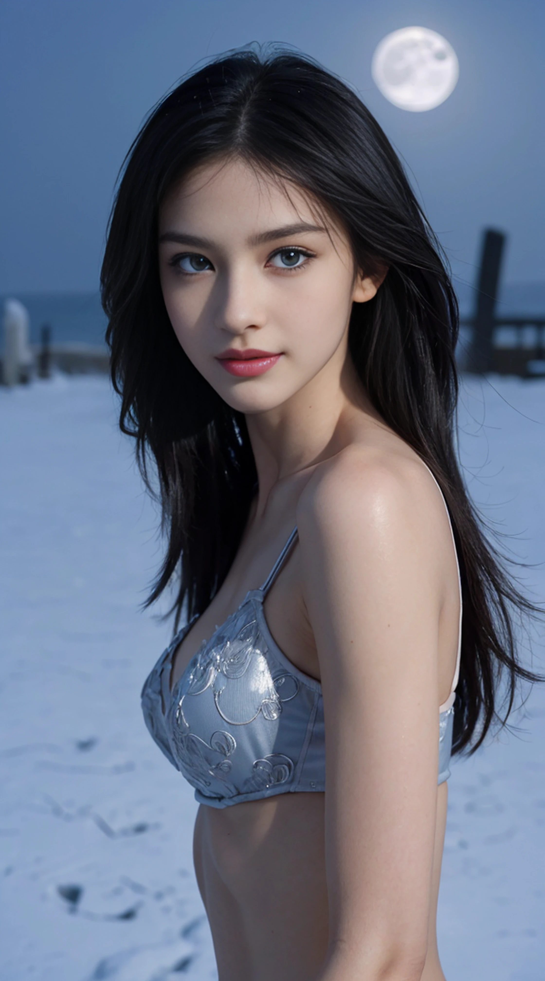 8K, Top Quality, Intricate Details, Ultra Detail, Ultra High Resolution, Masterpiece, random angle, Slender, Smile, (Makeup: 0.4), (Fluffy Blue Eyes: 1.21), blue Eyes, looking at viewer, ((full body)), 1girl, solo, 1 girl, (( full body)), close up shot, , ((tall)), (((fit body))), (((slim face))), sharp face, sharp eyes, (((black hair, long hair, )) , (detailed face), sharp face, small lips, holding pistol, handgun,
(( )), ((, ninja outfit )), detailed face, detailed breast, , large breast, detail ass, , Beautiful girl with accentuated slender abs: 1.4, Six Pack Abs: 1.4, Bust Botox, Big, Perfect Body, detail leg, (( moonlight)), in the snow
