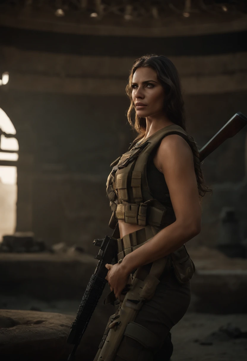 Gere uma imagem da personagem Mara, also known as 'Mara Death Dealer', do jogo Call of Duty: Guerra moderna. corpo inteiro, fisionomia cruel, Micro Bikini Uniforme de Batalha, cor vermelha e preta, Detalhes em ouro, na praia, sol poente, palmeiras, corpo escultural, flowing hair, metralhadoras, armas, Fuzil AK-47, Granadas, gold accessories)) Standing in a tank