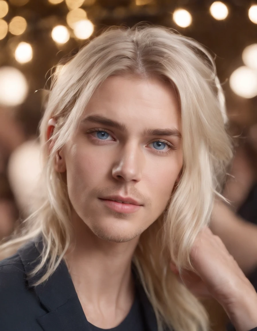 photo of a stunning handsome Australian male, blue eyes, short messy windy light blonde hair, flipping hair, closeup zoomed in tight crop portrait, walking down a (runway at a fashion show scene models people:1.2) wearing a (casual designer clothing:1.3) (expensive cellphone on his hand:1.3) (Lighting-Gold:1.2) foreground objects background details (masterpiece:1.2) (photorealistic:1.2) (bokeh:1.2) (best quality) (color grading) (detailed skin:1.3) (intricate) (8k) (HDR) (cinematic lighting:1.3) (sharp focus), messy windy hair