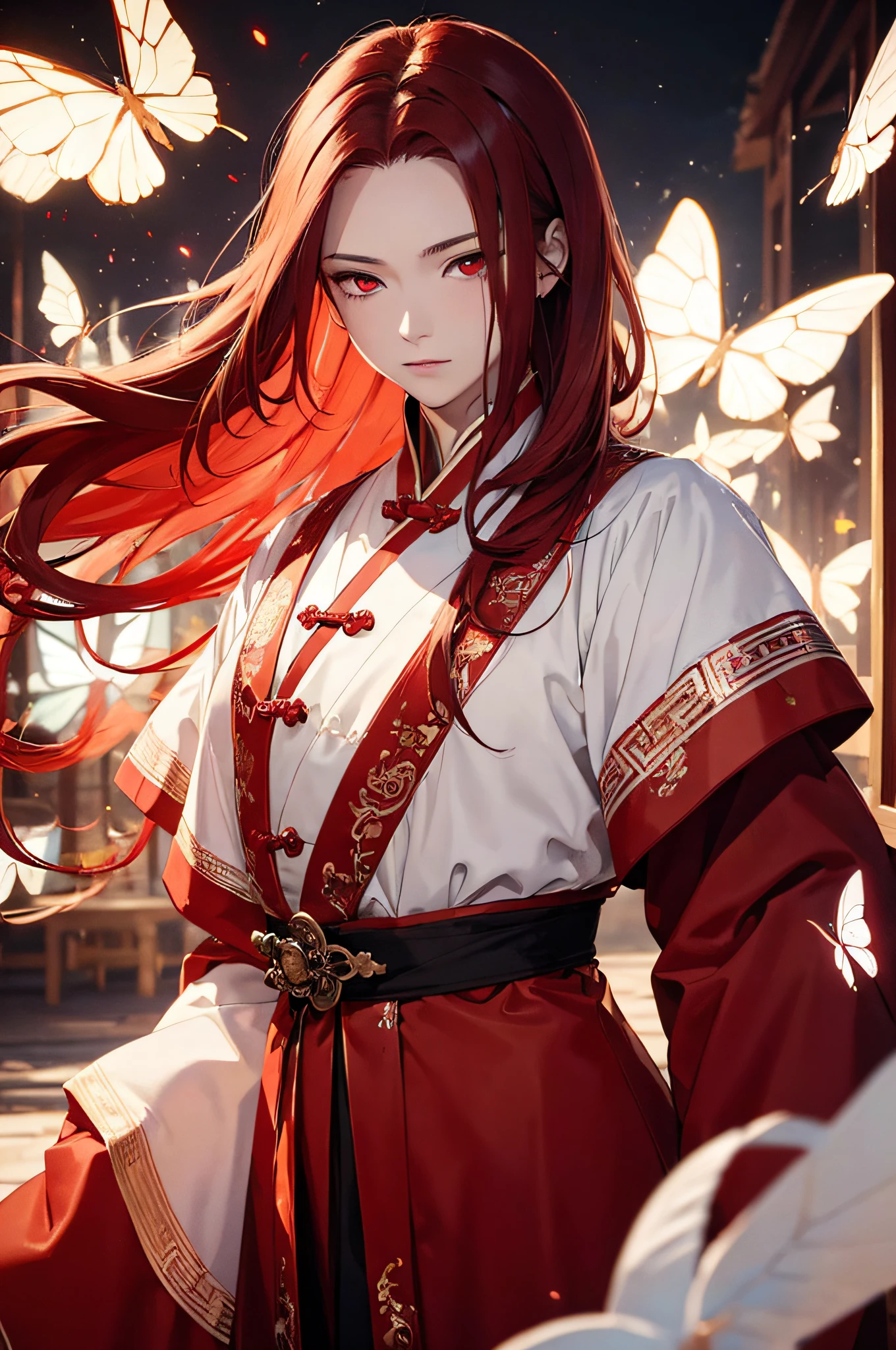 ((masterpiece)), (((best quality))), ((extrem details)), HDR, ((one man)), long dark red hair, red eyes, white glowing butterflies, night, old chinese clothing