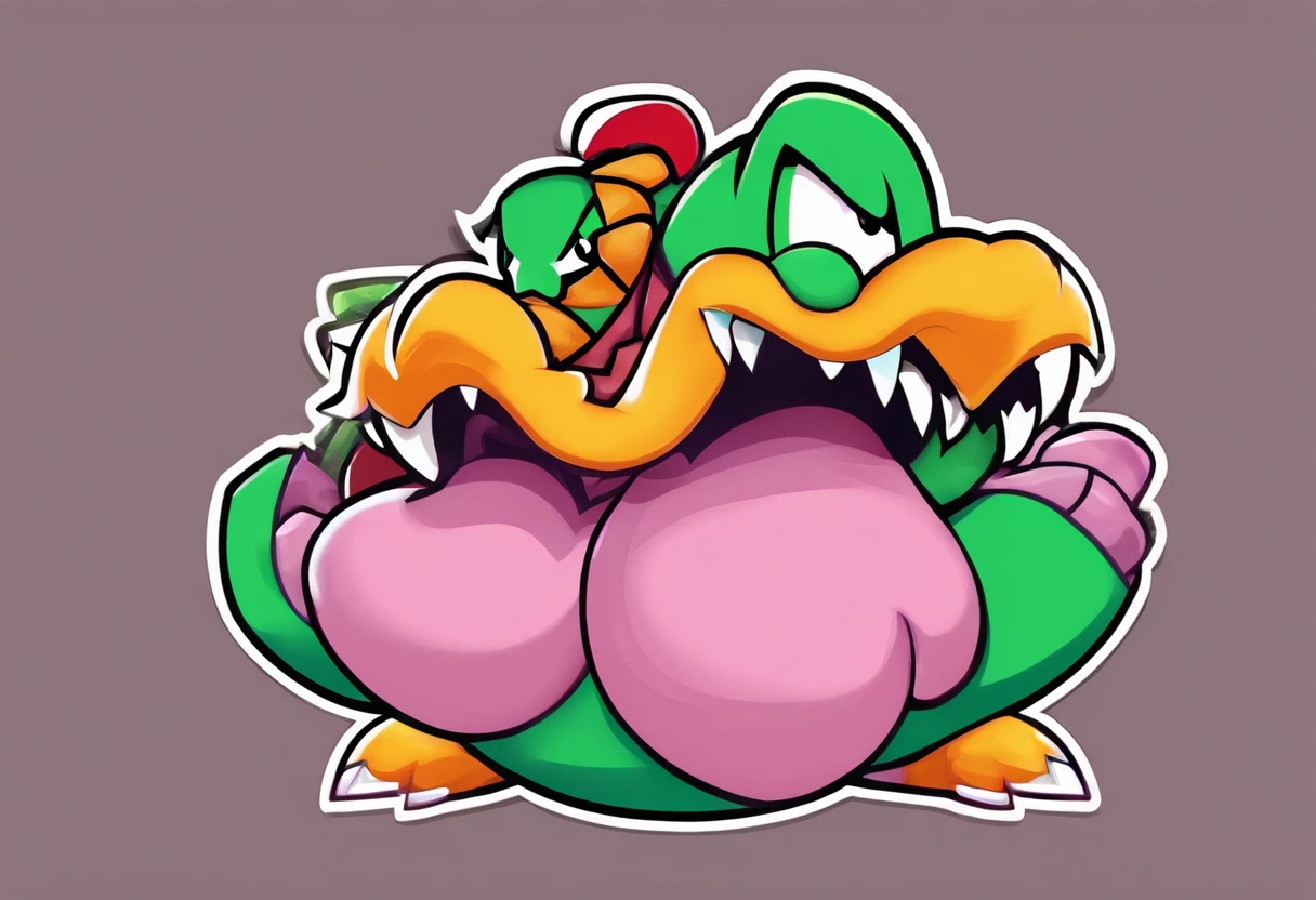 Bowser, pale pink scales, sea-green toga, crimson red flowing mane, crimson red eyes, purple shell, has very venomous deadly breath, masterpiece, best quality