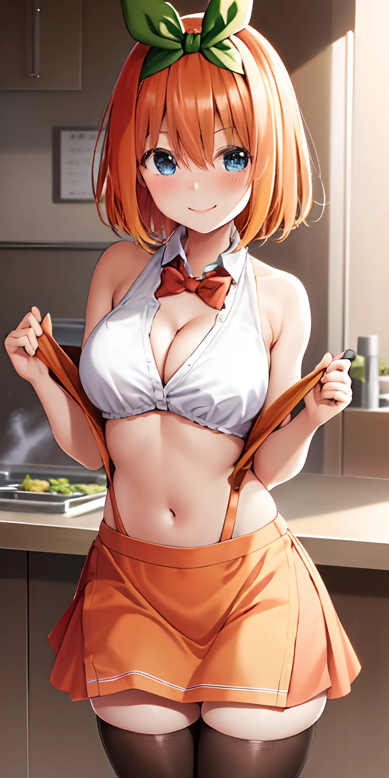 1girl in, 独奏, Yotsuba Nakano, orange color hair, Green bow tie, Hair ribbons, (barechested:1.2), (Green apron),, cleavage of the breast, thighs thighs thighs thighs, Cafe Background, Ecstatic smile, (red blush:1.1),White tights