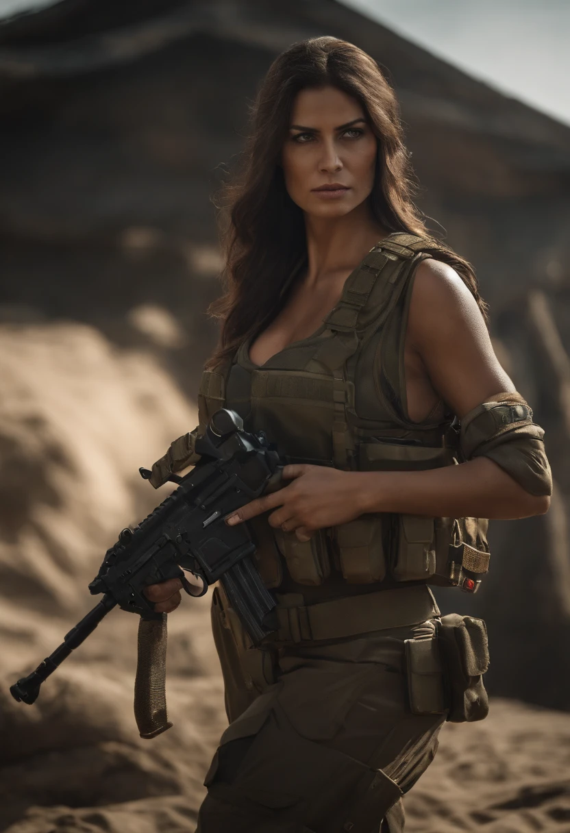 Gere uma imagem da personagem Mara, also known as 'Mara Death Dealer', do jogo Call of Duty: Guerra moderna. corpo inteiro, fisionomia cruel, Micro Bikini Uniforme de Batalha, cor vermelha e preta, Detalhes em ouro, na praia, sol poente, palmeiras, corpo escultural, flowing hair, metralhadoras, armas, Fuzil AK-47, Granadas, gold accessories)) Standing in a tank